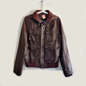 Men's GAP Brown Leather Bomber Jacket Sz S EUC
